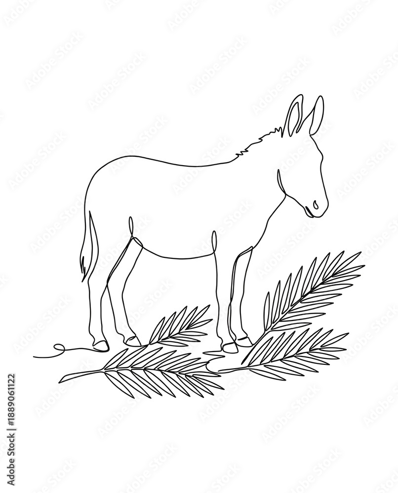 Fototapeta premium Palm Sunday Donkey and Palm Branches Continuous Line Drawing. Minimalist Christian Easter Illustration. Holy Week Symbol. AI Generated.