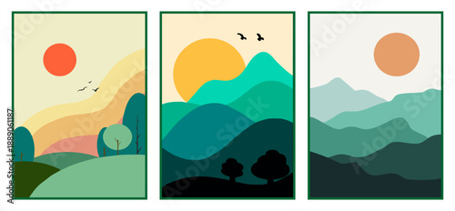 Set of three minimalist mountain and hill landscapes. Modern flat design posters with rolling hills, sun, and stylized trees in teal and green tones.
