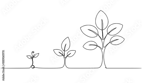 Continuous one line drawing of plant growth stages from seed to mature plant vector