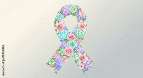 Colorful floral awareness ribbon symbol with pastel roses and flowers on soft gradient background for support and hope