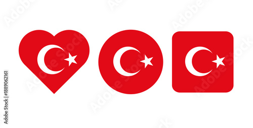 Türkiye Flag Icon Set in Heart, Circle and Rounded Square Shapes Isolated on Transparent Background. National flag of Turkey.
