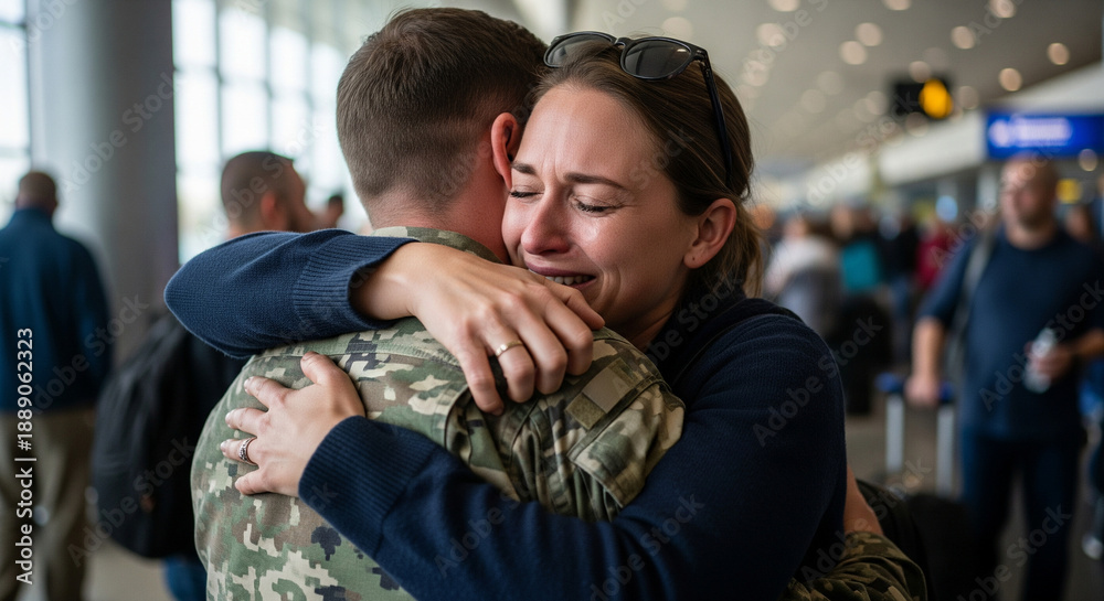Fototapeta premium Emotional reunion at airport, soldier embraces loved one with tears of joy
