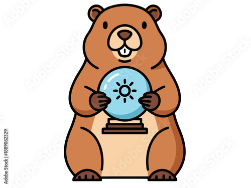 A cute groundhog peers into a crystal ball, predicting weather success!  Cheerful illustration, perfect for seasonal marketing or educational materials.