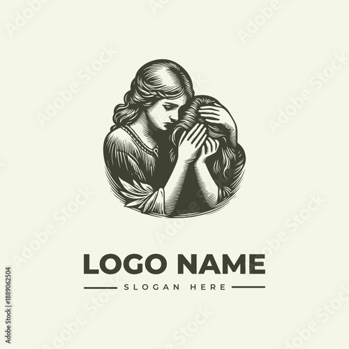 A vintage engraving logo featuring a woman comforting another person, with a circular composition and placeholder text for logo name and slogan.