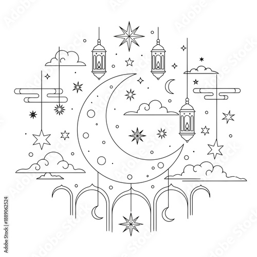 Celestial decoration with moon and stars isolated on white background