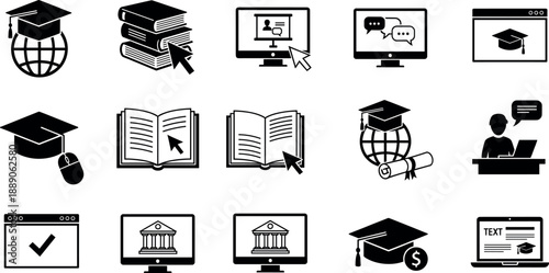 Online education and digital learning solid icons set for academic university e-learning and webinar training vector