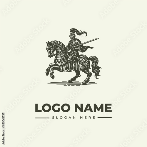 A vintage engraving style logo featuring a knight on horseback with a sword, set against a clean white background, conveying a sense of medieval chivalry and heroism.