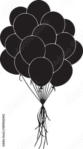 Bundle of helium balloons silhouette with strings tied together for celebration and events