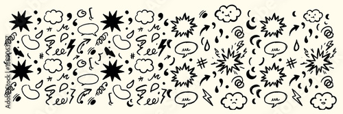 Comic doodle seamless pattern of black hand drawn speech bubbles stars and scribbles on cream background, wide banner horizontal repeat