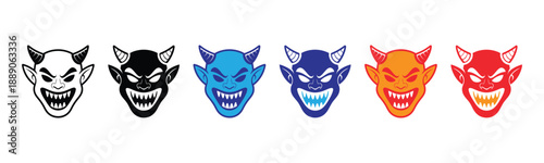 Vector illustration icon collection of colorful devil faces in different hues