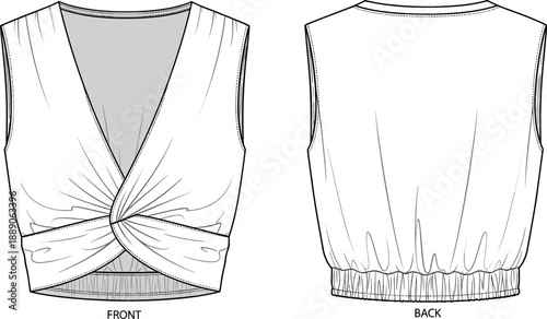 Female cropped top technical flat sketch featuring twist front detail and elasticated hem for fashion apparel design template