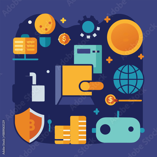 Digital finance and cryptocurrency icons set with wallet security and coins