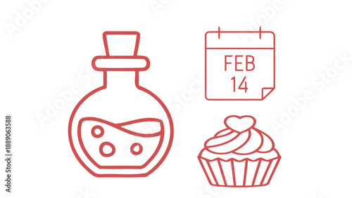 Valentine Love Icons Set – Potion Bottle, February 14 Calendar and Cupcake Line Illustration