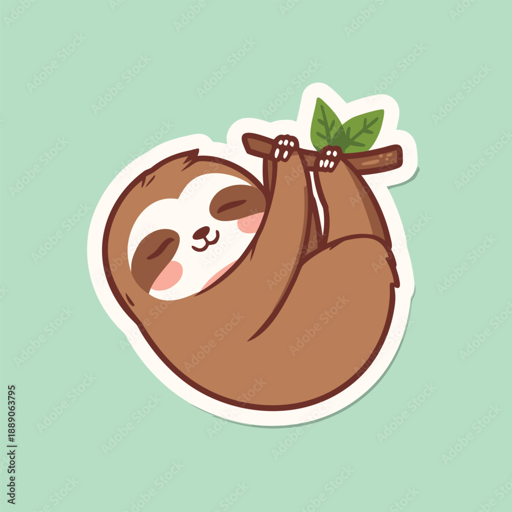 Fototapeta premium Cute cartoon sloth hanging on a branch sticker.