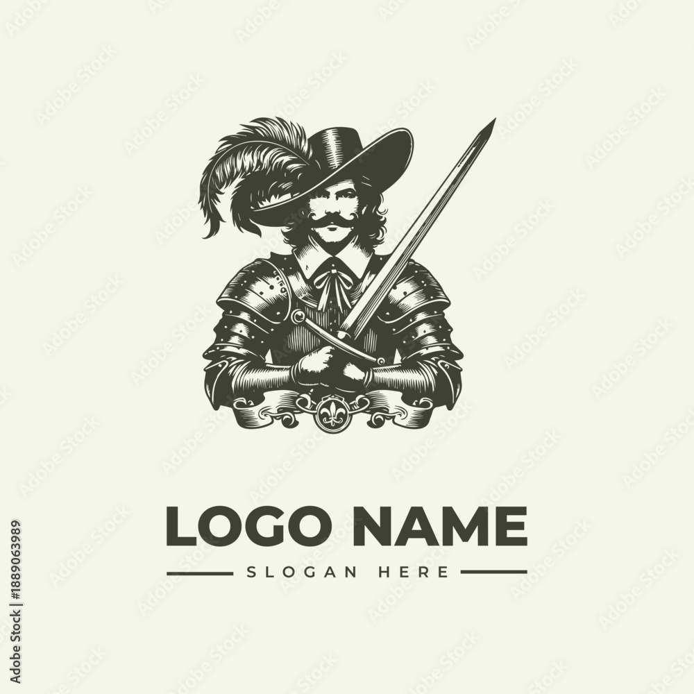 Naklejka premium Vintage engraving of a mustachioed man in armor and hat holding a sword with a feather, logo design with ornate details on a beige background.