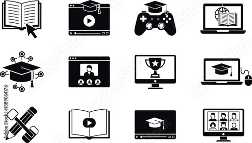 Online education and e-learning solid icons set for digital distance learning and webinar training vector