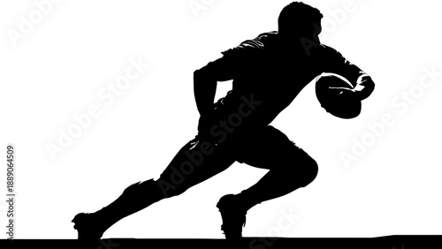 Silhouette of a rugby player running with the ball on a plain background