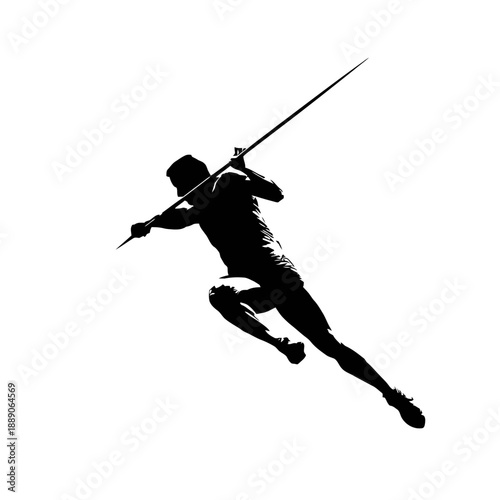 Silhouette of a man jumping with a long pole, dynamic action scene, energetic, vector illustration