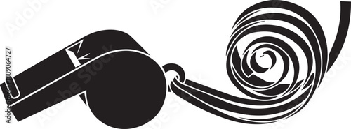 Referee whistle black silhouette attached to swirling hypnotic ribbon sound effect graphic vector