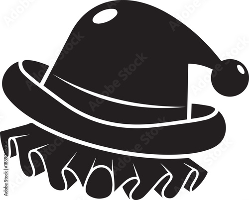 Stylized black silhouette of a funny jester hat with ruffled collar and bell decoration