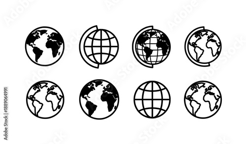 Minimal World Globe Icon Set Black and White Hemisphere Symbols Vector