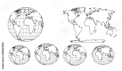 World Map Globe Grid Line Projection Hemisphere Set Black and White Vector