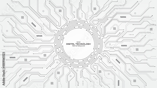 Modern circuit lines and connected dots on white background. Motherboard and HTML code. Abstract futuristic technology bg. Artificial intelligence (AI). Vector illustration.