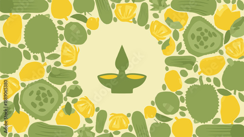 Traditional glowing lamp illustration surrounded by a vibrant, healthy border of green vegetables and yellow fruits, symbolizing nature, well-being, and cultural prosperity