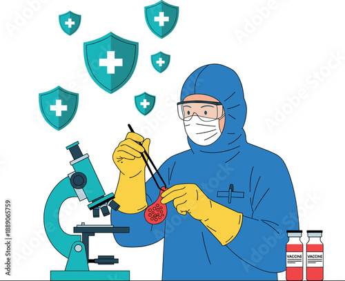 Scientist in protective suit conducting clinical laboratory research with microscope and vaccine bottles vector