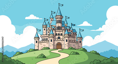 Enchanting cartoon castle towers above lush green hills, creating a whimsical fairytale landscape, perfect for children's illustrations, storybooks, fantasy art, and creating a sen.