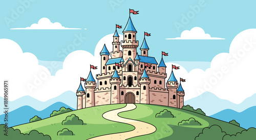 Fantasy Castle Standing Proudly Atop a Green Hill in a Whimsical Cartoon Landscape with Blue Sky and Clouds Illustrating a Magical Kingdom Destination for Children's Illustration.