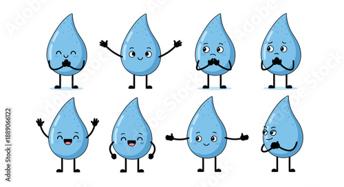 Cute Water Droplet Characters Expressing Emotions in a Playful Style: These adorable cartoon water drop mascots display various expressions like happiness, sadness, and curiosity,.