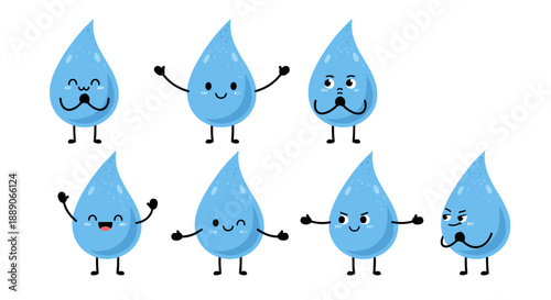 Cute cartoon water drop characters expressing different emotions, perfect for illustrating hydration, conservation, weather, or educational materials featuring kawaii style and pla.