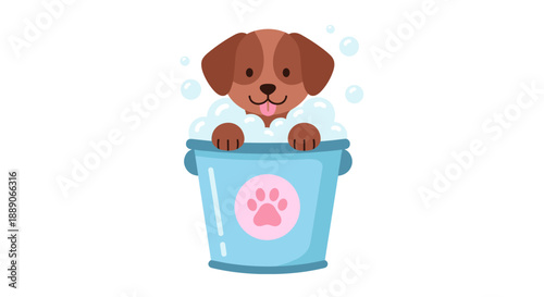Adorable brown puppy dog taking a bath in a blue tub with bubbles and a paw print, making it perfect for veterinary clinics, pet grooming services, animal shelters, or cartoon-styl.