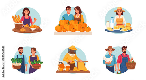 Diverse Farmers and Producers Harvesting, Baking, and Selling Farm Fresh Products in a Rural Marketplace, Showcasing Local Sustainable Agriculture and Supporting Community Business.