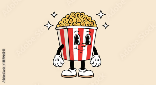 Retro Cartoon Popcorn Character Mascot with Red and White Stripes, Animated Style, Isolated on Beige Backdrop, Perfect for Movie Nights, Film Festivals, Events, Design, Illustratio.
