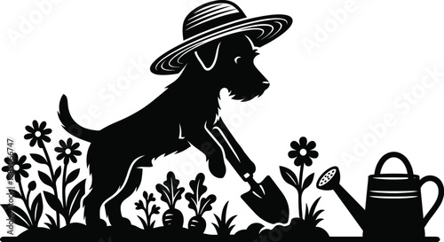 Dog Gardening Silhouette Vector – Cute Canine with Plants and Shovel Illustration