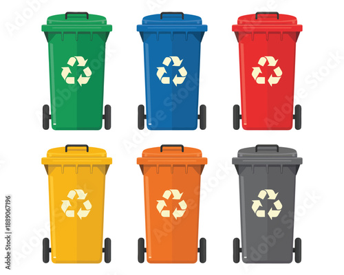 Colorful recycling bins with wheels on white background