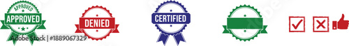 Official Rubber Stamp Badge Vector Set Featuring Approved Denied Certified Labels Checkmarks Crosses and Thumbs Up Icons for Approval Rejection Status