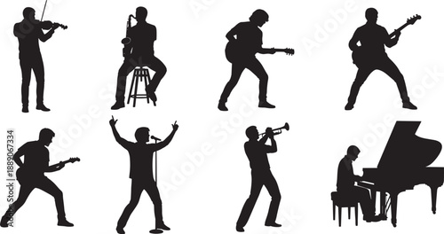Black Silhouette Vector Set of Musicians and Singers Performing with Violin Saxophone Guitar Trumpet and Piano for Live Concert Music Festival and Entertainment Industry Designs