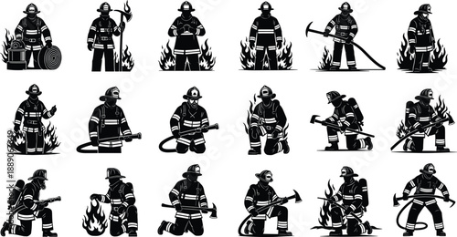 Black firefighter silhouette vector set featuring emergency responders with axes and hoses for fire department safety rescue and hero icons