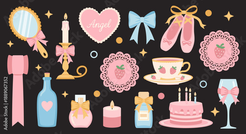 Charming Pastel Objects Collection: Discover a delightful assortment of delicate objects including ballet slippers, teacups, perfume bottles, and sweets, perfect for creating whims.