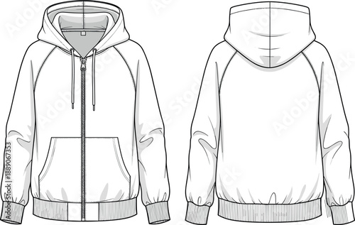 Blank white zip up hoodie technical sketch showing front and back views for fashion design and apparel manufacturing templates