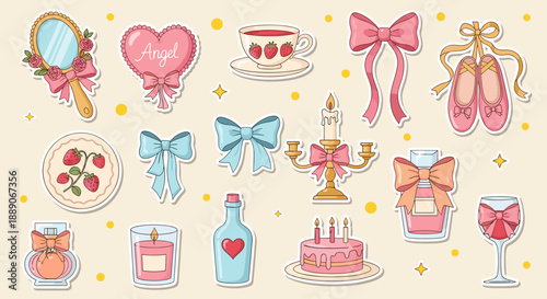 Cute vintage stickers collection features charming strawberry tea, elegant perfume, pretty bows, pointe shoes, heart with angel, candlelight and cake, perfect for scrapbooking.