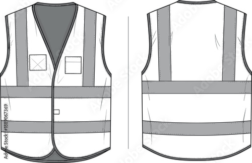 High visibility safety vest technical sketch with reflective tape for construction workwear and industrial protective apparel fashion design templates