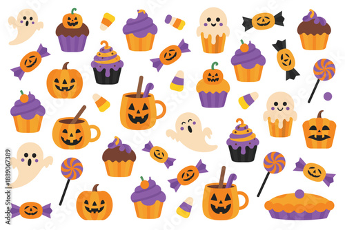 Halloween treats and sweets with cupcakes and pumpkins