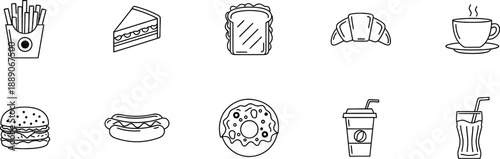 Fast Food and Beverage Outline Vector Icons Collection Featuring Burgers Fries Donuts Coffee Croissants and more for Restaurant Menus and Cafe Designs