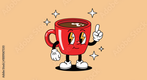 Retro Cartoon Coffee Cup Character Raising Index Finger Suggesting an Idea Against Beige Background Surrounded by Stars as Positive Illustration for Business, Advertising, Web Desi.