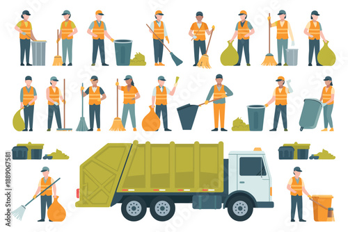 Cleaning staff and garbage truck vector illustration