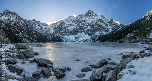 mountain landscape, Tatra mountains panorama, Poland picturesque view of the frozen Morskie Oko lake